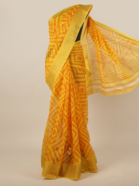 

Pothys Yellow & Orange Geometric Printed Cotton Blend Zari Saree