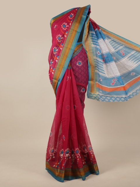 

Pothys Pink & Blue Floral Cotton Blend Saree