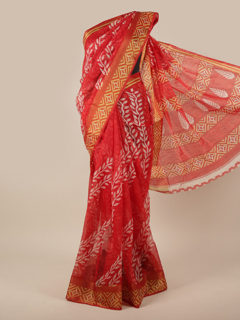 

Pothys Red & White Floral Zari Cotton Blend Saree