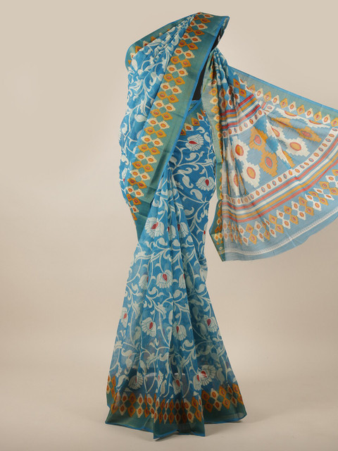 

Pothys Blue & Orange Floral Printed Cotton Blend Saree