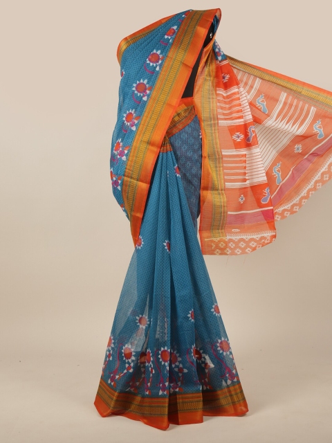

Pothys Blue & Orange Floral Printed Cotton Blend Saree