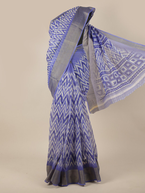 

Pothys Blue & White Printed & Zari Cotton Blend Saree
