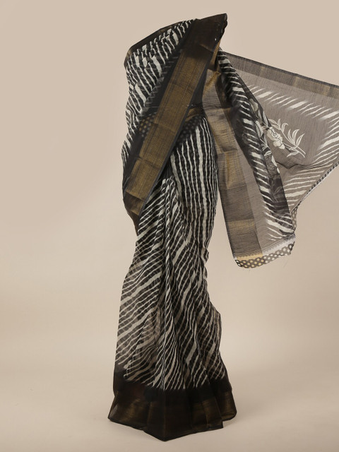 

Pothys Black & White Gold-Toned Striped Cotton Blend Saree