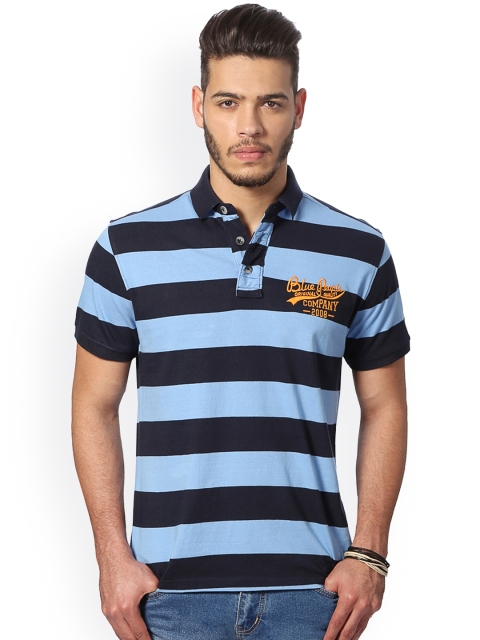 

People Men Blue Striped Polo Collar T-shirt