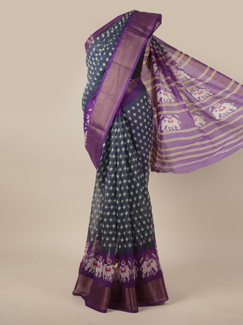 

Pothys Grey & Purple Ethnic Motifs Printed Cotton Blend Zari Saree