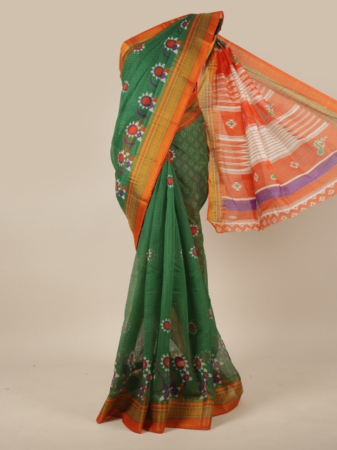 

Pothys Green & Orange Floral Printed Cotton Blend Zari Saree