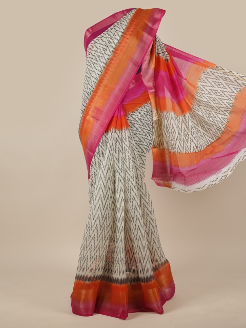 

Pothys Cream-Coloured & Orange Printed Cotton Blend Zari Saree
