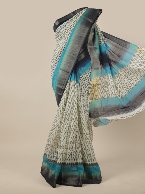 

Pothys Cream & Blue Geometric Printed Cotton Blend Saree