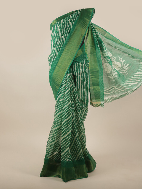 

Pothys Green & White Striped Cotton Blend Zari Saree