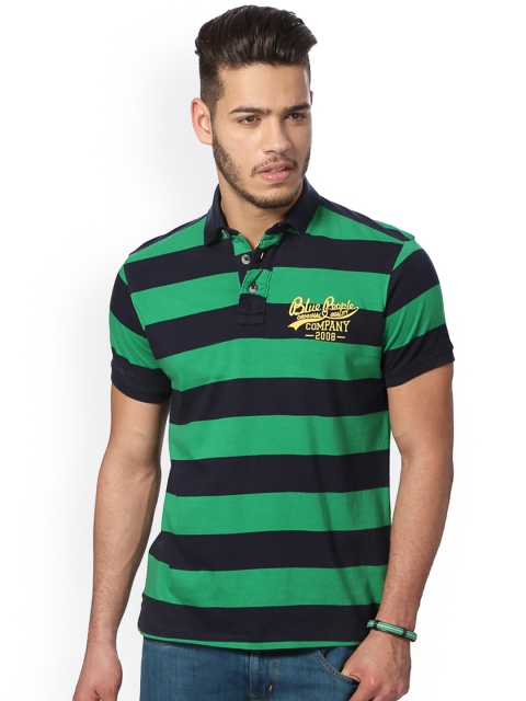 

People Men Navy & Green Striped Polo Collar T-shirt, Navy blue