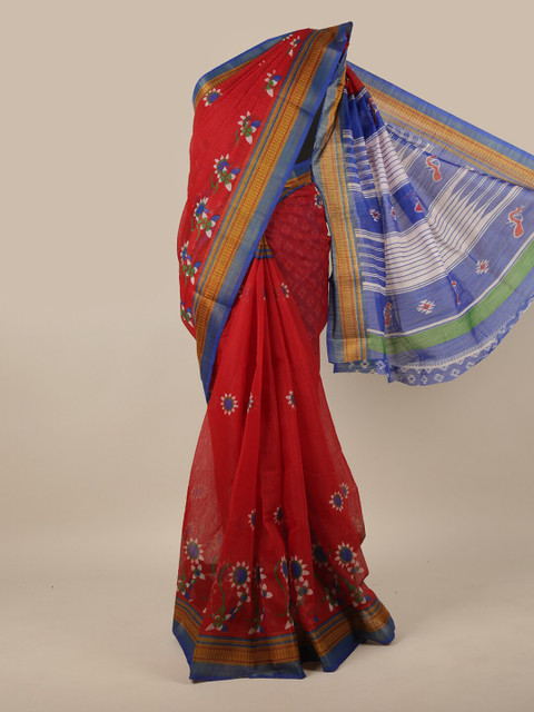 

Pothys Red & Blue Floral Printed Cotton Blend Saree