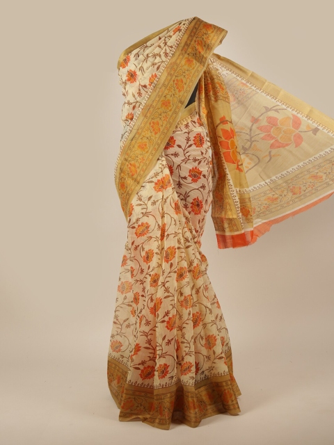 

Pothys Cream-Coloured & Orange Floral Printed Cotton Blend Zari Saree