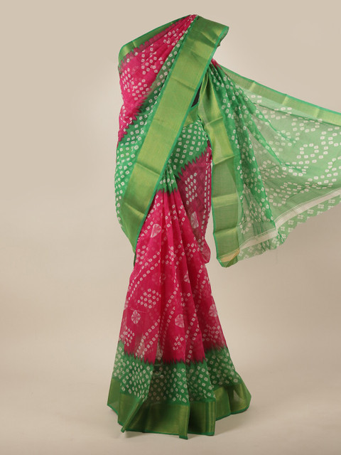 

Pothys Pink & Green Bandhani Printed Zari Cotton Blend Saree