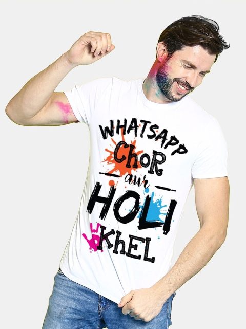 

BonOrganik Men White V-Neck Applique T-shirt