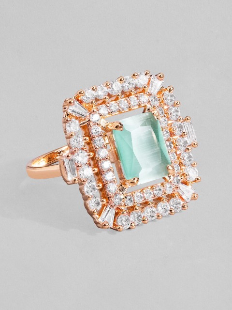 

Rubans Rose Gold-Plated White & Green CZ-Studded Finger Ring