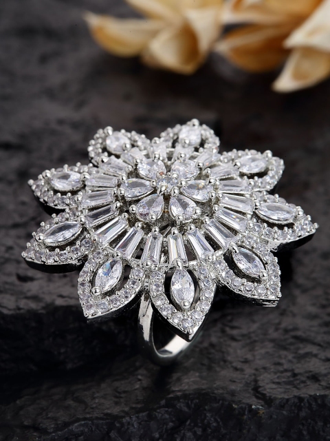 

PANASH Silver-Toned Silver-Plated White CZ Studded Flower Adjustable Finger Ring