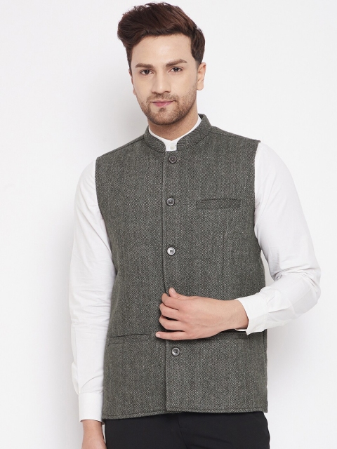 

even Men Green Woven Design Woolen Nehru Jacket
