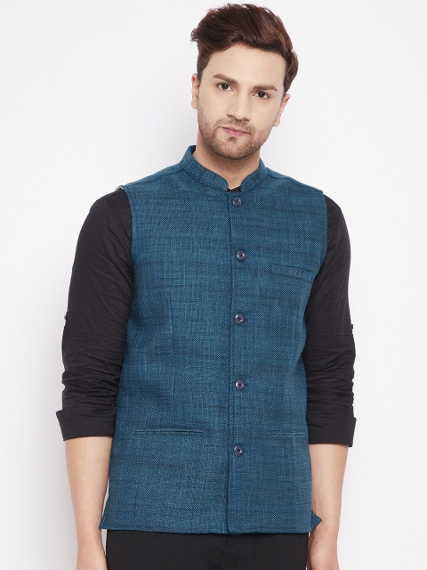 

even Men Blue Woven-Design Linen Nehru Jacket