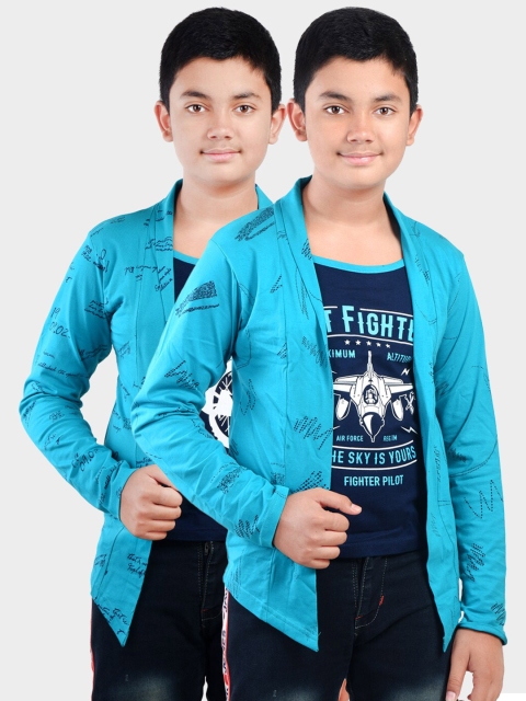 

Fabshio Boys Turquoise Blue Printed Slim Fit T-shirt with Attached Shrug