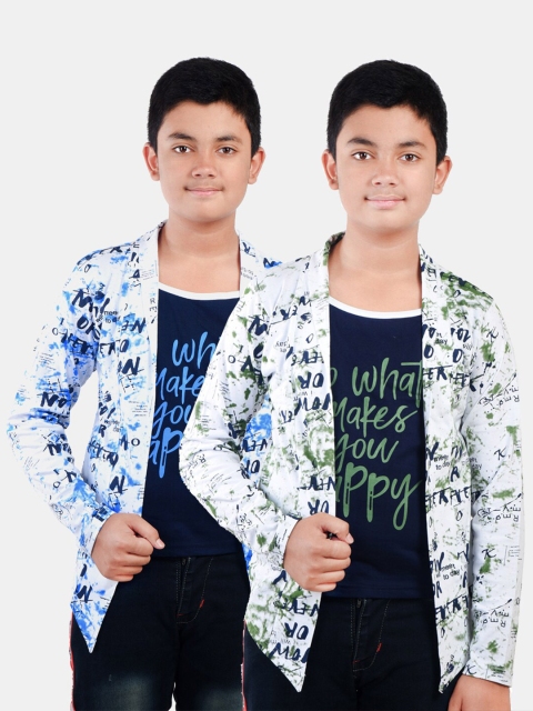 

Fabshio Boys Green & Blue Printed Slim Fit T-shirt With Attached Shrugs