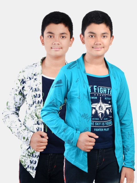 

Fabshio Boys Navy Blue Set of 2 Printed Slim Fit T-shirt with Shrugs