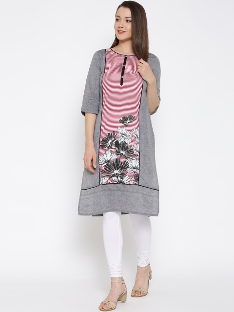 

AURELIA Women Grey Melange Printed Straight Kurta