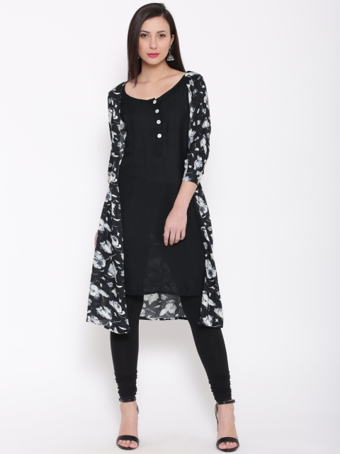 

Jashn Women Black & Off-White Floral Print High-Low A-Line Kurta