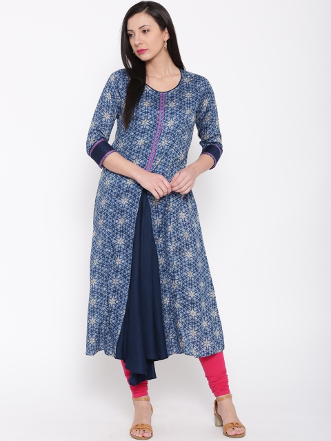 

Jashn Women Blue & Yellow Printed A-Line Kurta