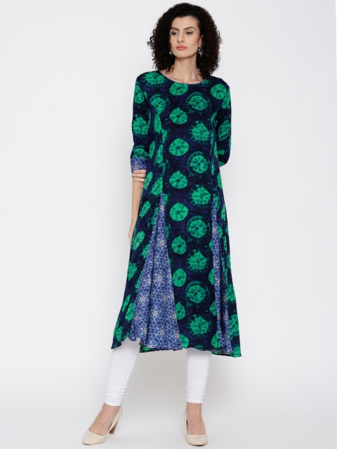 

Jashn Women Navy & Green Printed Anarkali Kurta, Navy blue
