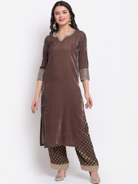 

anokherang Women Brown Ethnic Motifs Gotta Patti Velvet Kurta with Palazzos