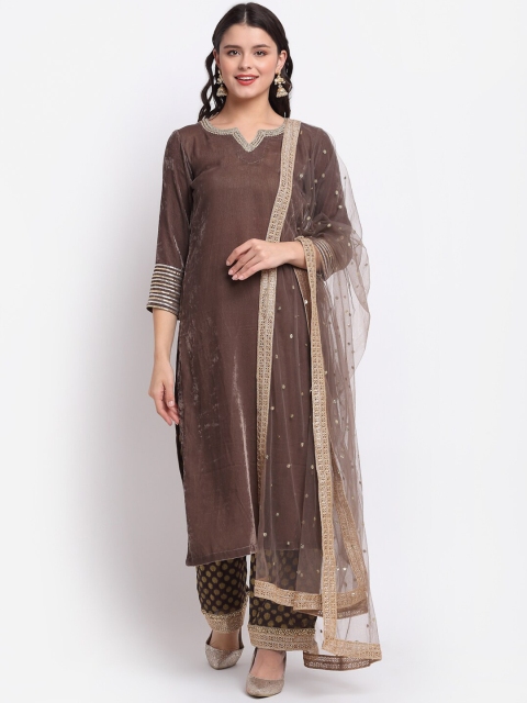 

anokherang Women Grey Embroidered Angrakha Gotta Patti Velvet Kurta with Palazzos & With Dupatta