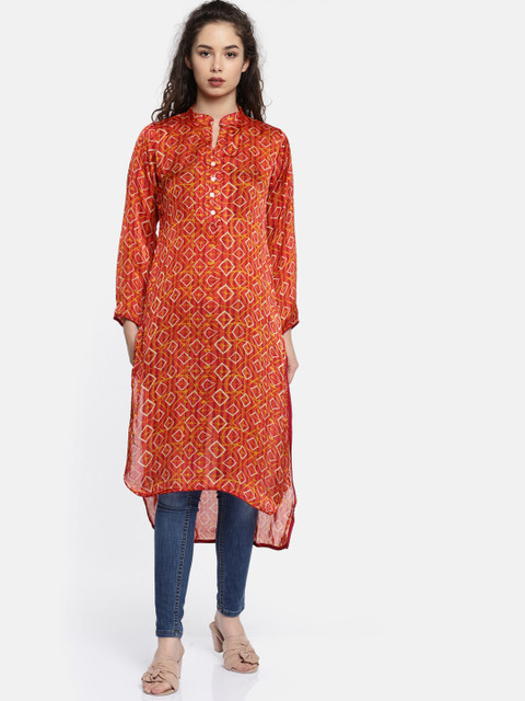 

Jashn Women Red & Mustard Yellow Asymmetric Printed Kurta