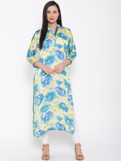 

Jashn Women Blue & Yellow Floral Print Straight Kurta