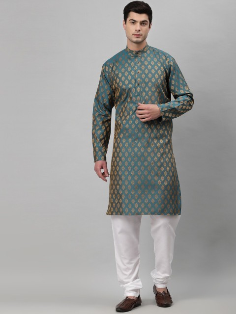 

NEUDIS Men Blue & White Ethnic Motifs Woven Design Kurta with Churidar