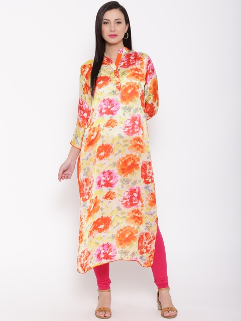 

Jashn Women Orange & Yellow Floral Print Straight Kurta