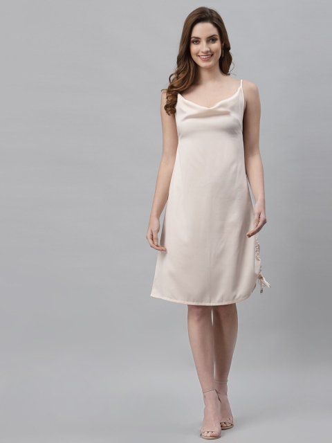 

NEUDIS Beige Cowl Neck Satin A-Line Dress