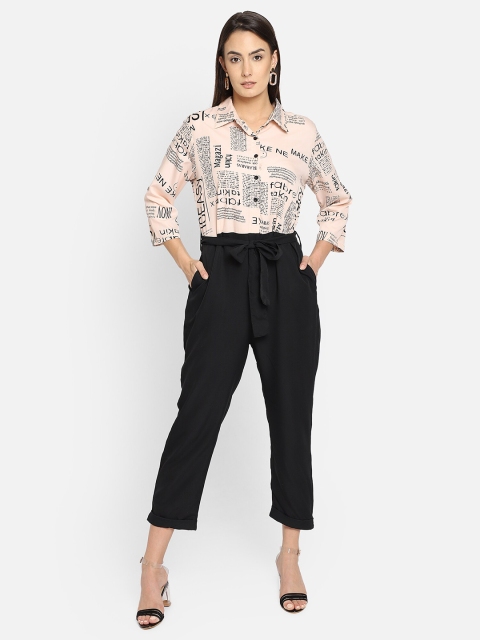

emeros Peach-Coloured & Black Printed Capri Jumpsuit
