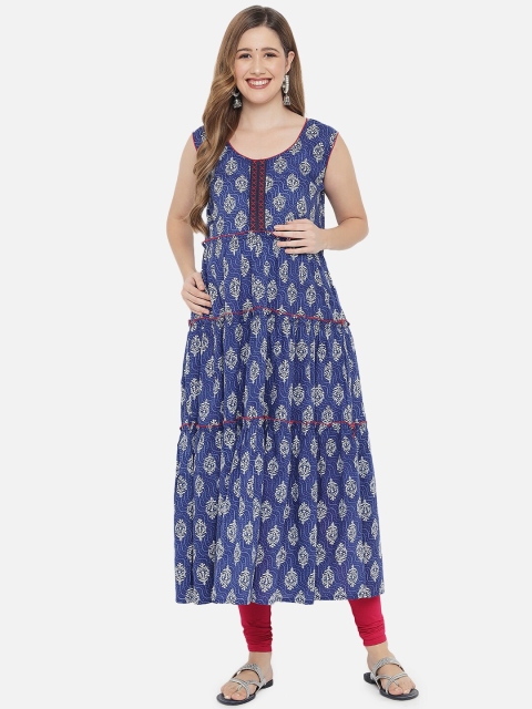 

Aujjessa Women Blue & White Ethnic Motifs Printed Pure Cotton Maternity Anarkali Kurta