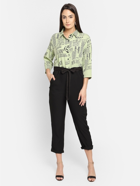 

emeros Green & Black Printed Shirt-Style Belted Jumpsuit
