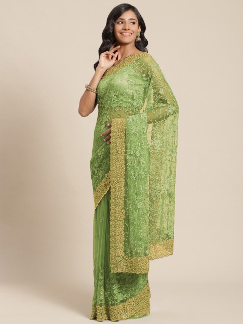 

Chhabra 555 Green & Gold-Toned Floral Embroidered Net Heavy Work Saree