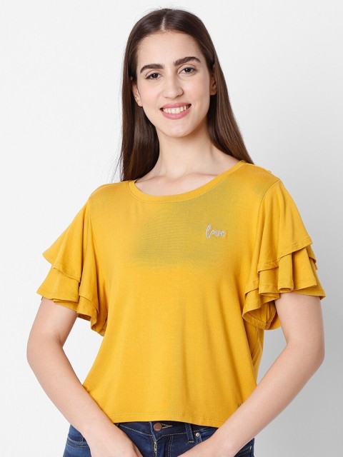 

SPYKAR Women Yellow Extended Sleeves Pockets Slim Fit T-shirt