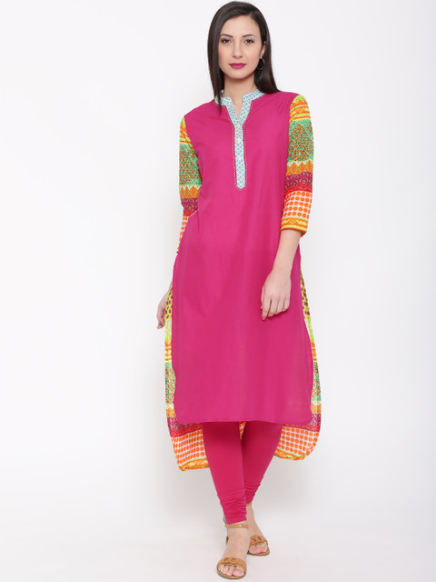 

Jashn Women Pink & Green Printed Straight High-Low Kurta