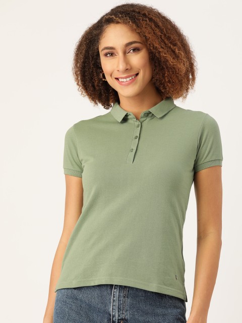 

Monte Carlo Women Sage Green Solid Polo Collar T-shirt