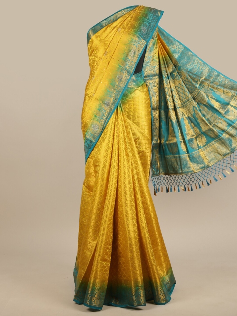 

Pothys Yellow & Blue Ethnic Motifs Zari Jute Silk Saree