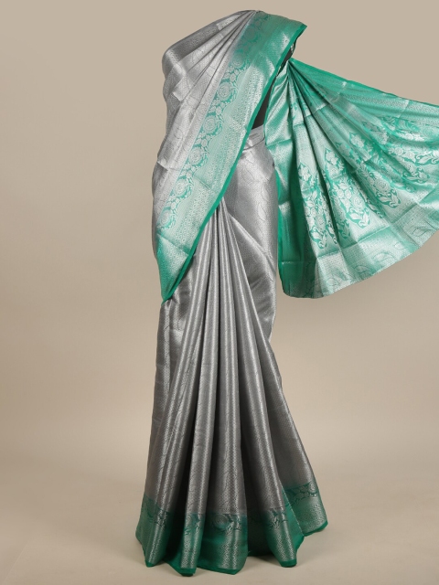 

Pothys Grey, Silver-Toned & Green Ethnic Motifs Zari Jute Silk Saree