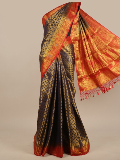 

Pothys Blue & Orange Ethnic Motifs Zari Jute Silk Saree
