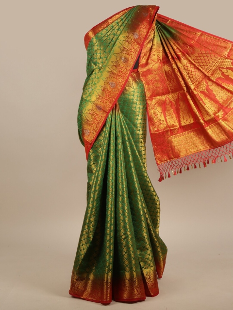 

Pothys Green, Gold-Toned & Red Ethnic Motifs Zari Jute Silk Saree