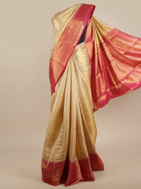 

Pothys Cream-Coloured & Fuchsia Ethnic Motifs Zari Jute Silk Saree