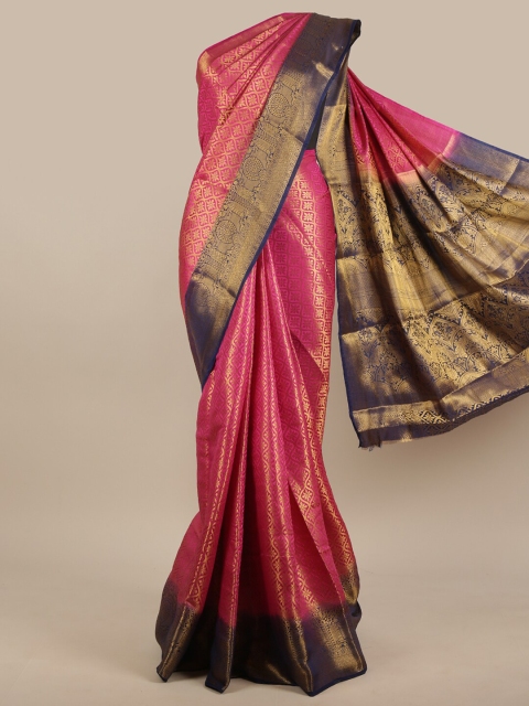 

Pothys Pink, Gold-Toned & Blue Ethnic Motifs Zari Jute Silk Saree