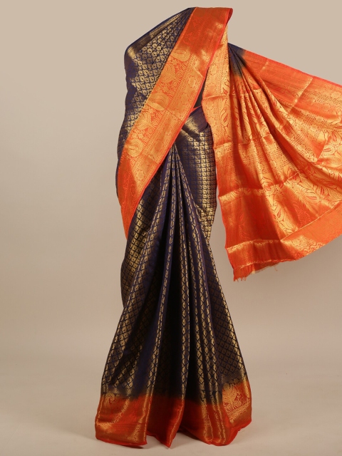 

Pothys Blue & Orange Ethnic Motifs Zari Jute Silk Saree